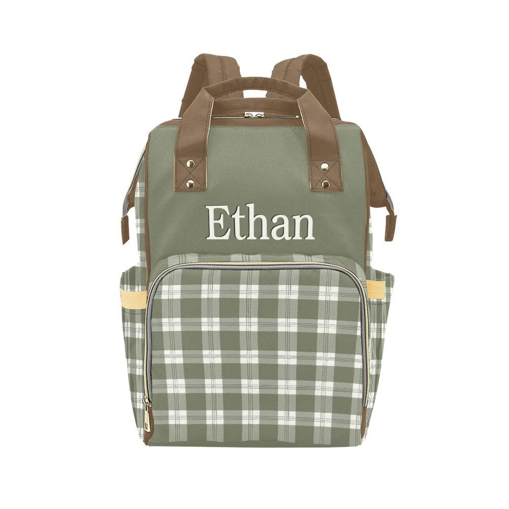 Personalized Plaid Diaper Bag Backpack - Custom Name Baby Bag - Green Checkered Design - Stylish and Functional New Parent Gift