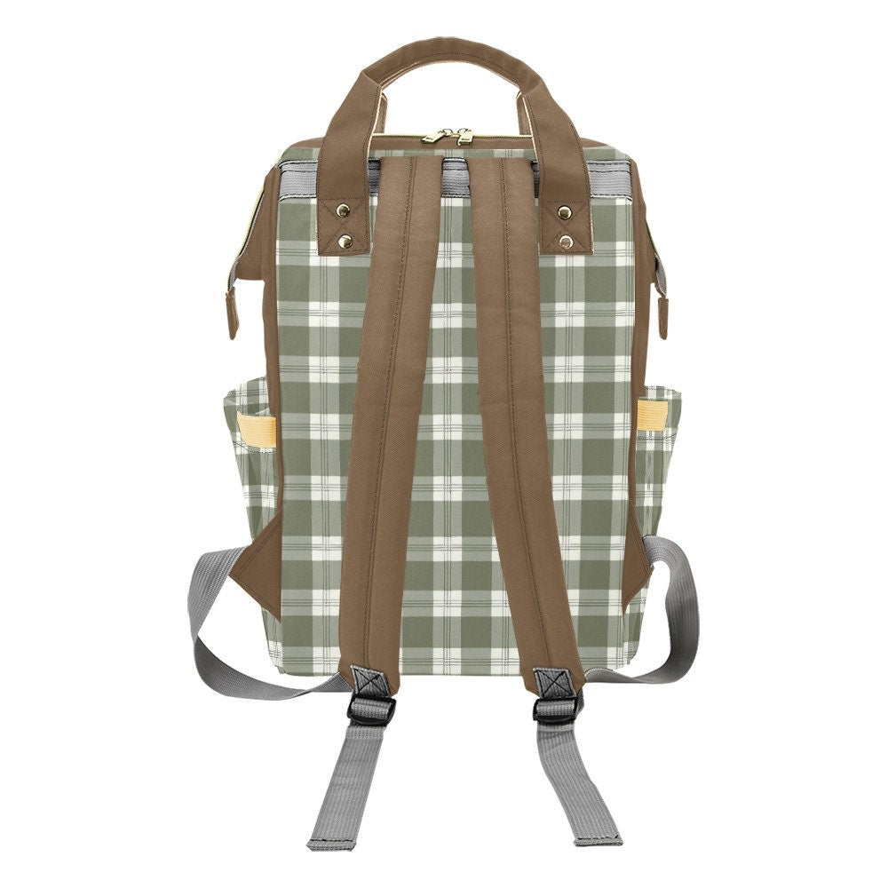 Personalized Plaid Diaper Bag Backpack - Custom Name Baby Bag - Green Checkered Design - Stylish and Functional New Parent Gift