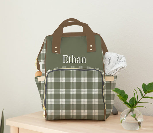 baby boy diaper bag backpack in green plaid with personalization