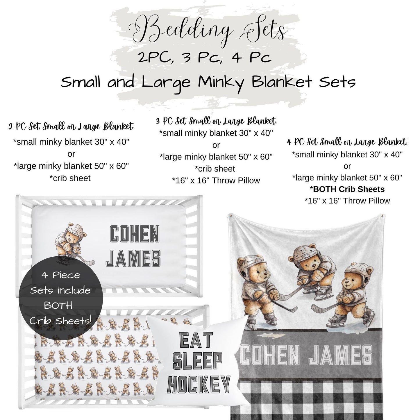 Crib Bedding Set Hockey Theme, Teddy Bear Nursery Sports Baby Bedding Set, Personalized Hockey Teddy Bear Crib Set, Baby Boy Shower Gift