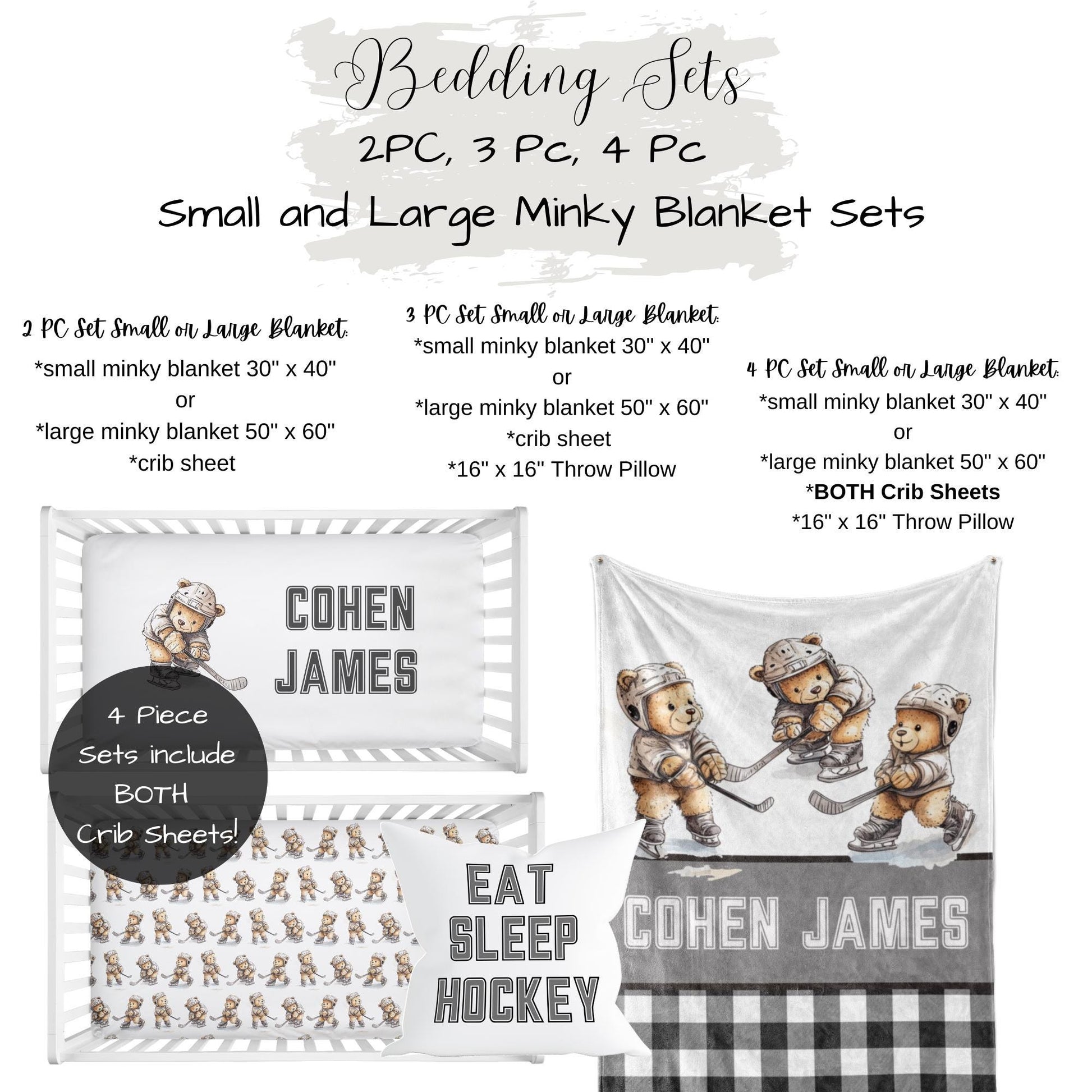Crib Bedding Set Hockey Theme, Teddy Bear Nursery Sports Baby Bedding Set, Personalized Hockey Teddy Bear Crib Set, Baby Boy Shower Gift