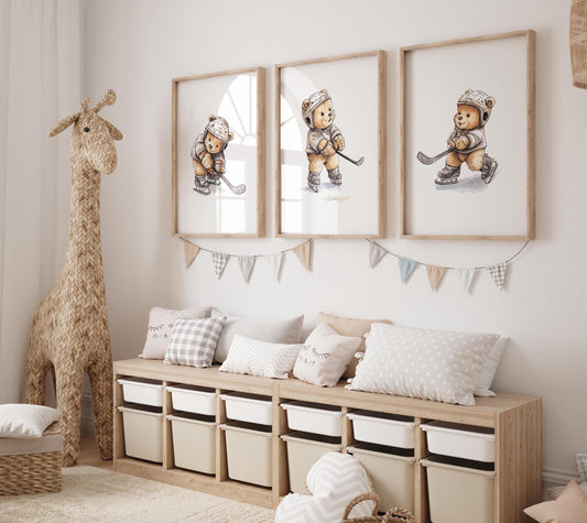 Teddy Bears playing hockey set of three nursery art prints