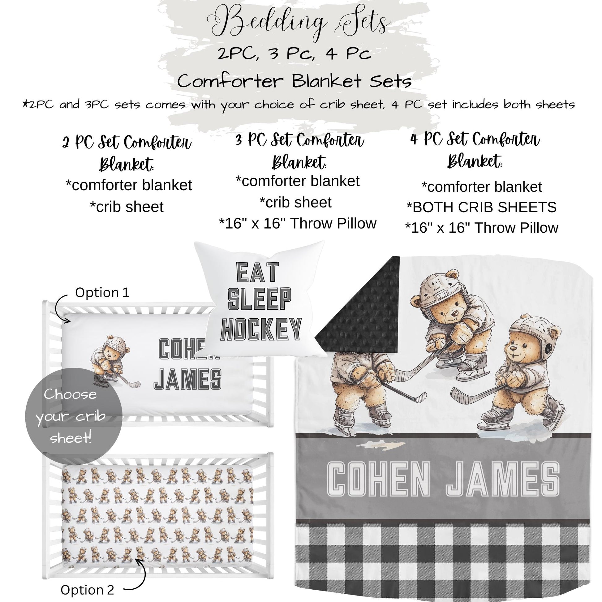 Crib Bedding Set Hockey Theme, Teddy Bear Nursery Sports Baby Bedding Set, Personalized Hockey Teddy Bear Crib Set, Baby Boy Shower Gift