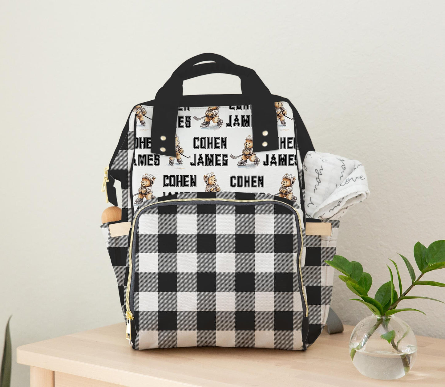 Personalized Baby Boy Diaper Bag Backpack - Teddy Bear Hockey Design - Black Plaid Baby Bag - Custom Name - Baby Boy Shower Gift