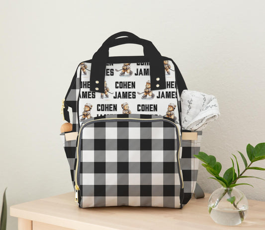 Personalized Baby Boy Diaper Bag Backpack - Teddy Bear Hockey Design - Black Plaid Baby Bag - Custom Name - Baby Boy Shower Gift