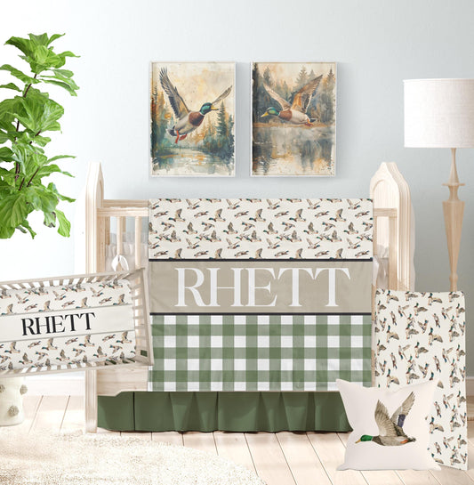 Rustic personalized crib bedding set with mallard duck and plaid design, including blanket, crib sheet, pillow, bed skirt, and duck-themed wall art