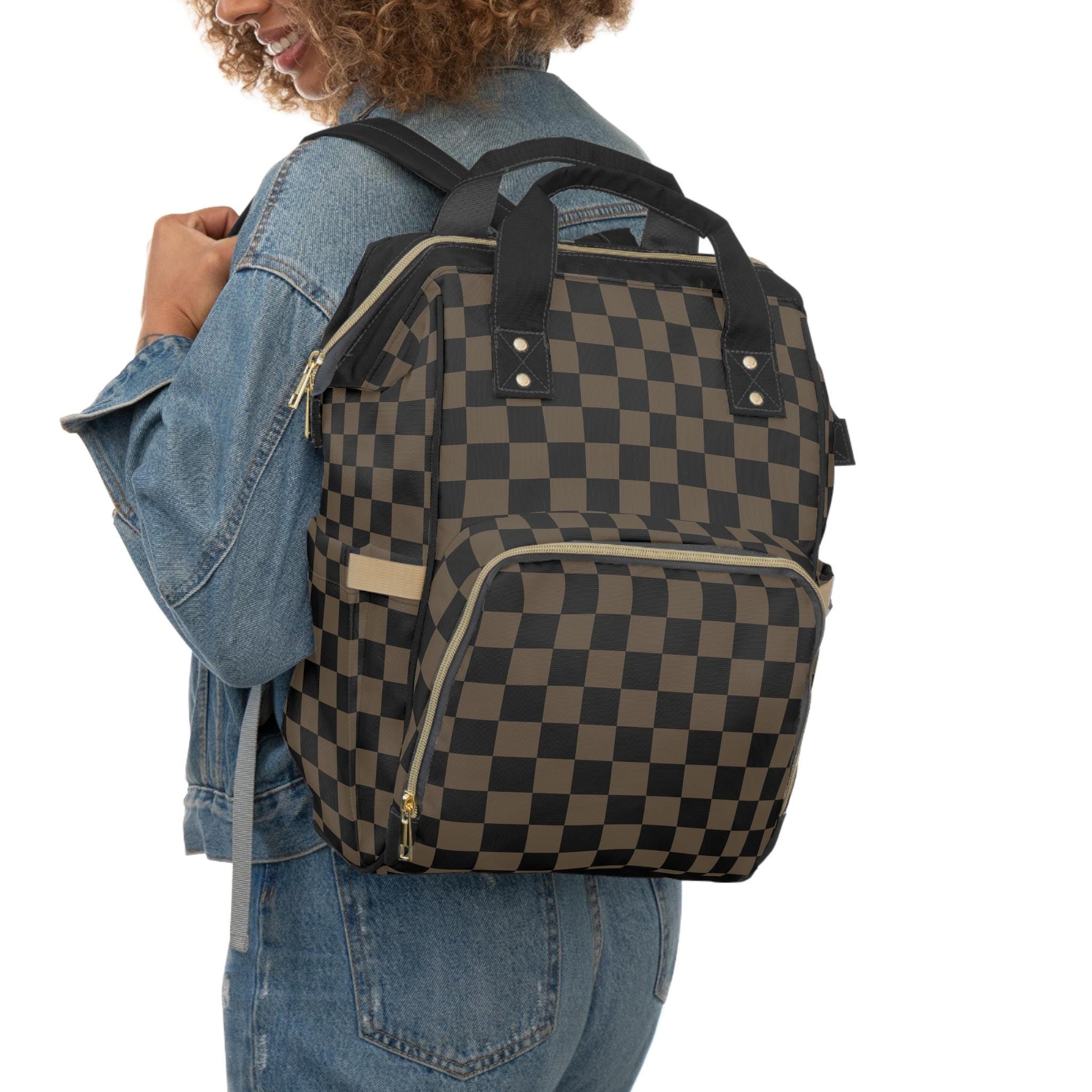 Checkered Diaper Tote Bag Backpack - Black Tan Baby Bag with Checker Pattern, Adjustable Straps, Baby Shower Gift