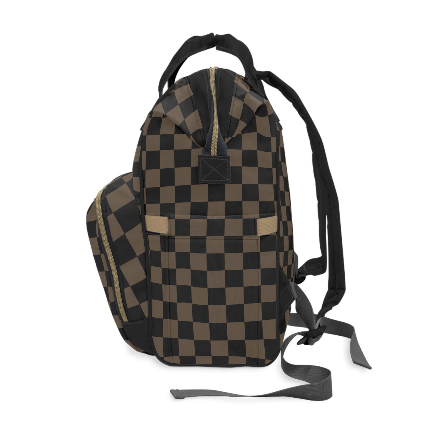 Checkered Diaper Tote Bag Backpack - Black Tan Baby Bag with Checker Pattern, Adjustable Straps, Baby Shower Gift
