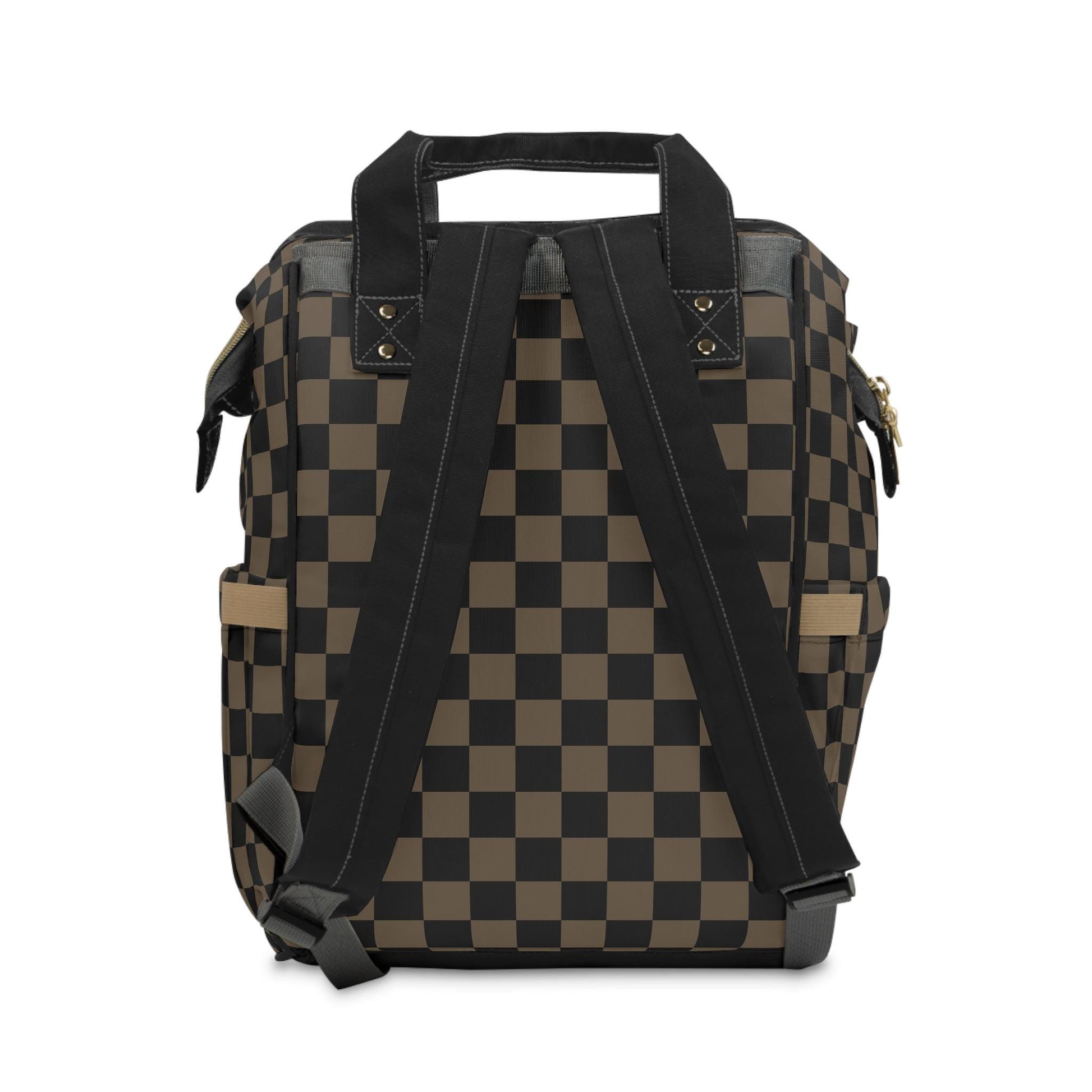 Checkered Diaper Tote Bag Backpack - Black Tan Baby Bag with Checker Pattern, Adjustable Straps, Baby Shower Gift