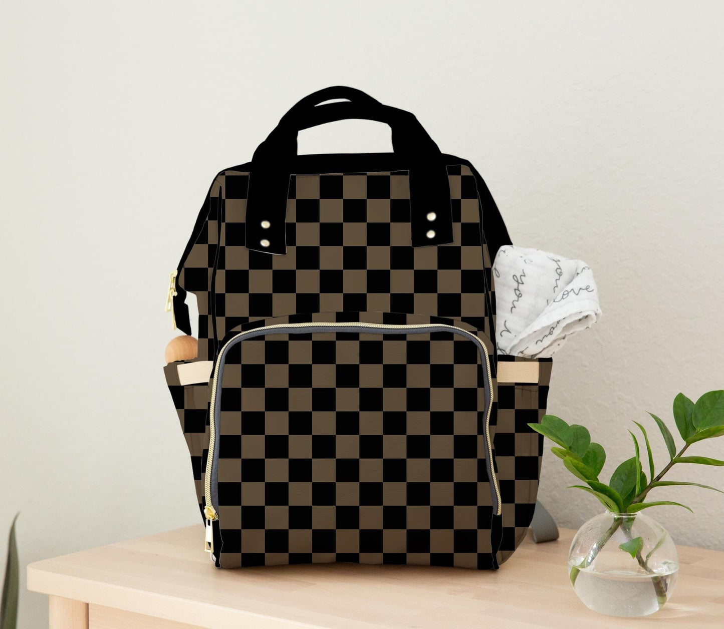 Black and Tan Checker Backpack Diaper Tote Bag