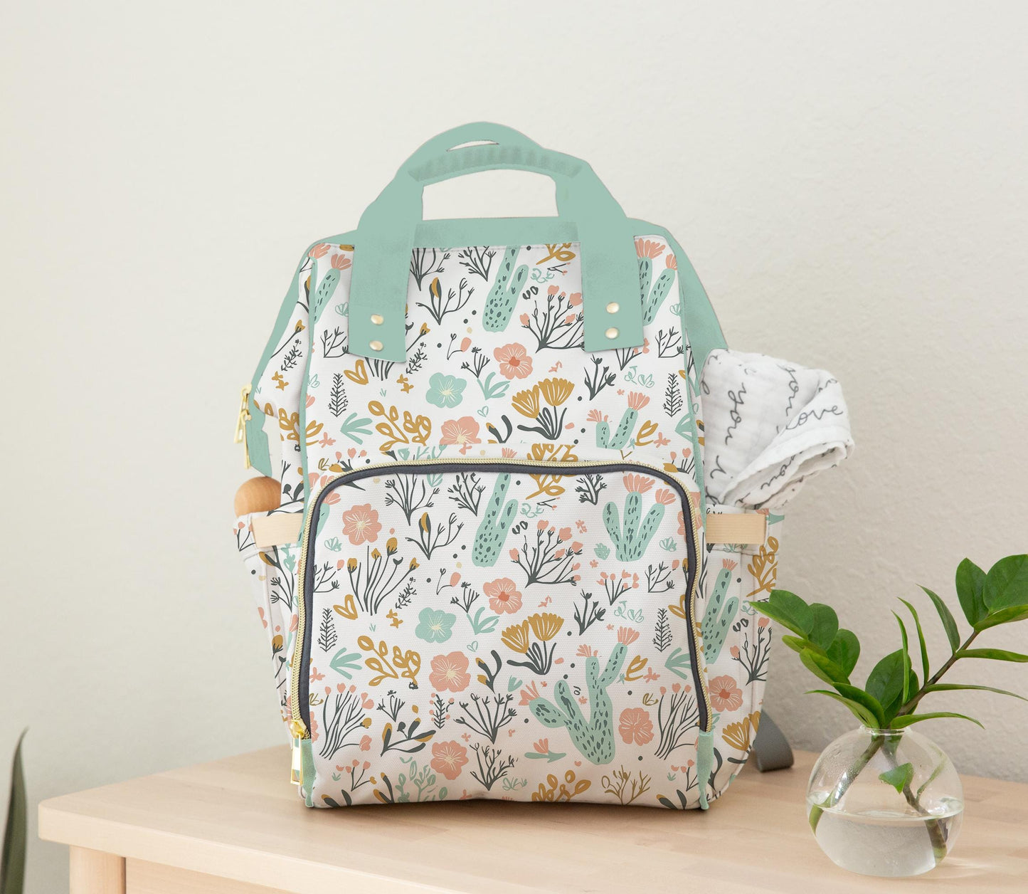 Diaper Bag Backpack Baby Girl in Desert Cactus Theme, Personalized Diaper Bag, Peach and Mint Daycare Diaper Bag with Name, Shower Gift