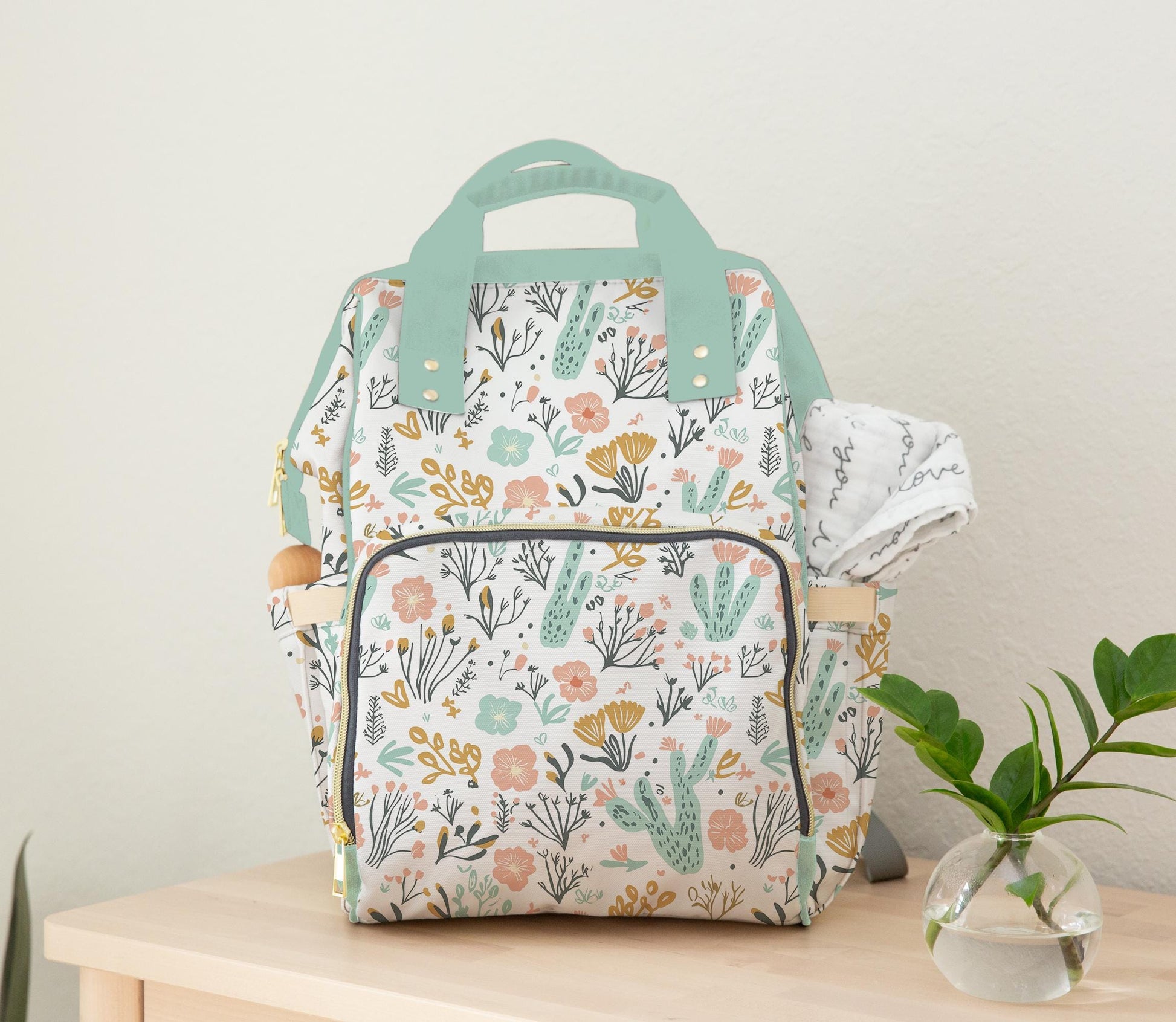 Diaper Bag Backpack Baby Girl in Desert Cactus Theme, Personalized Diaper Bag, Peach and Mint Daycare Diaper Bag with Name, Shower Gift