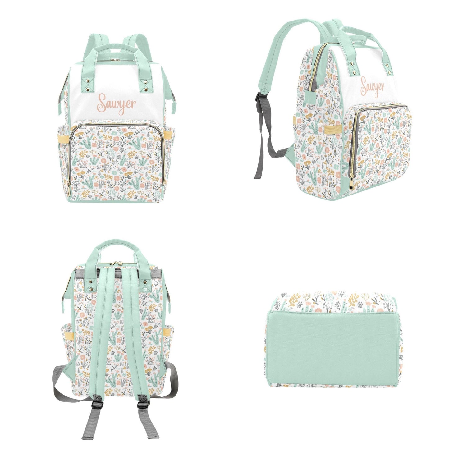 Diaper Bag Backpack Baby Girl in Desert Cactus Theme, Personalized Diaper Bag, Peach and Mint Daycare Diaper Bag with Name, Shower Gift