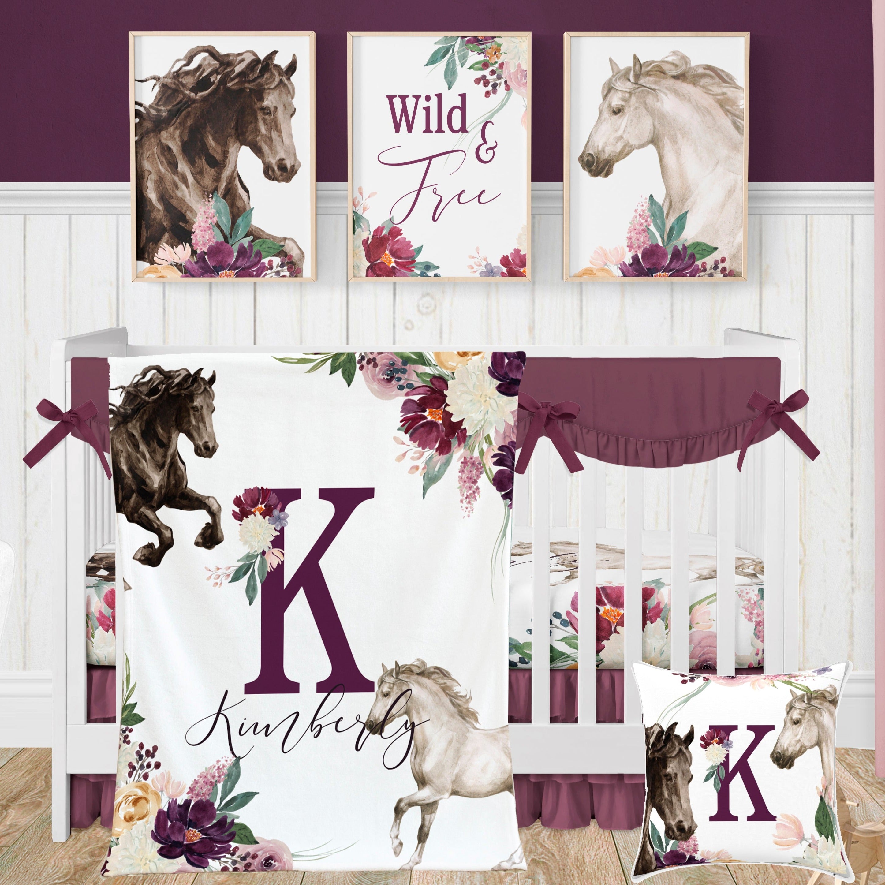 Personalized Garden Floral Horses Crib Bedding