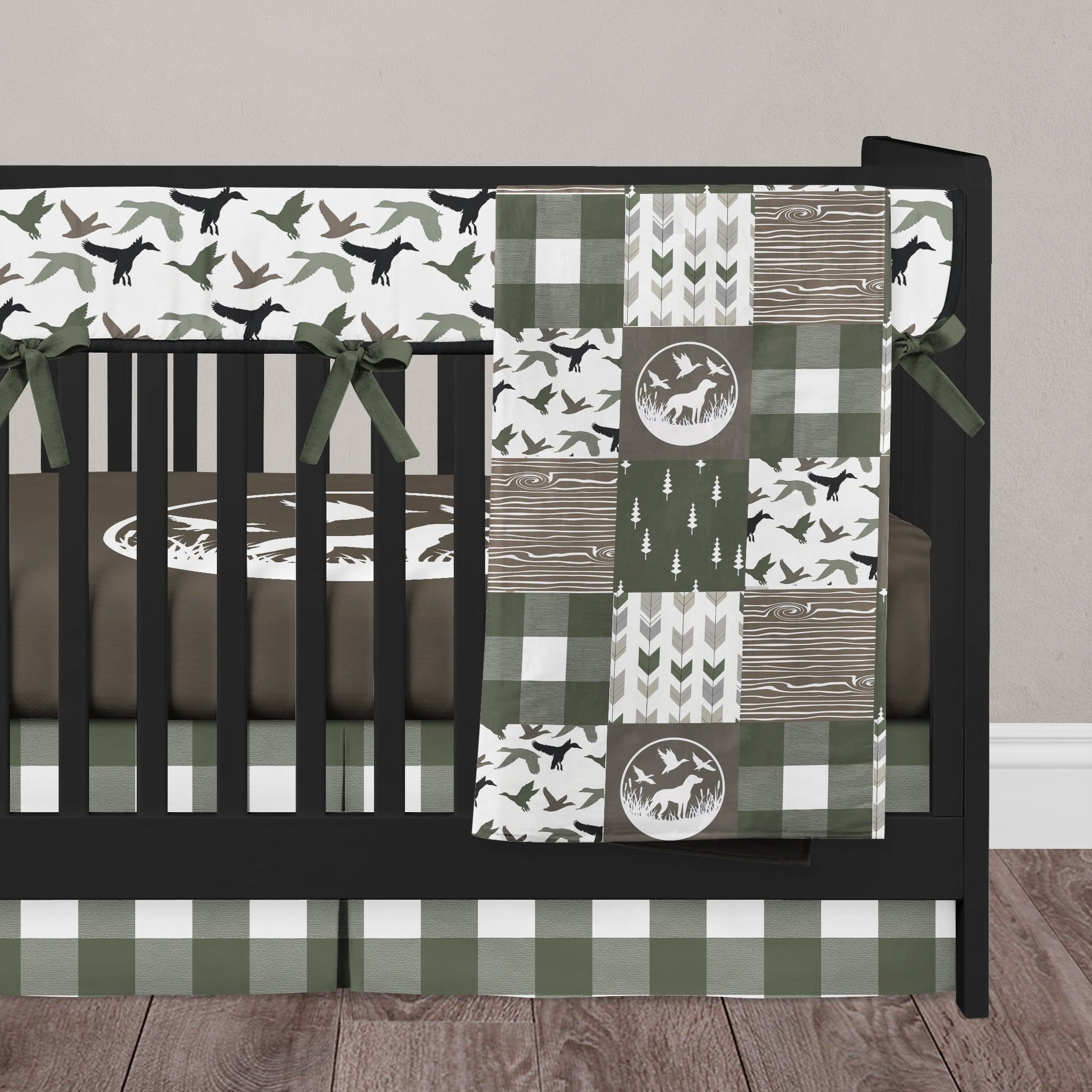 Dog and duck hunting crib bedding in green and brown