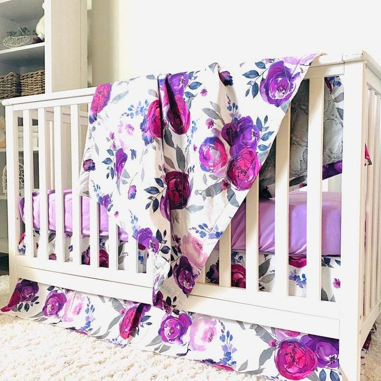 Purple and Gray Watercolor Floral Crib Bedding