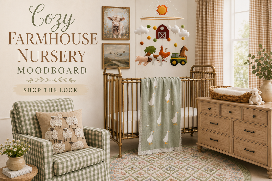Cozy farmhouse nursery moodboard with a vintage brass crib, sage goose blanket, green gingham chair, farm mobile and floral rug.