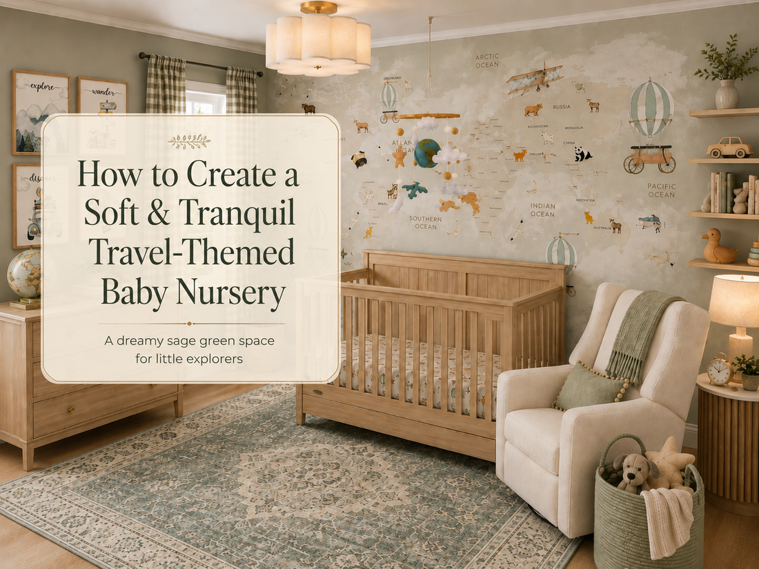 Sage green travel-themed baby nursery with a light wood crib, world map mural, gingham curtains, vintage rug, cream glider, and soft explorer decor.