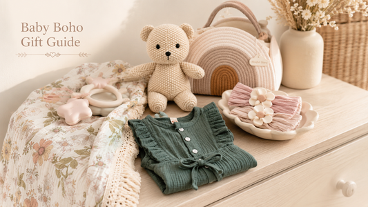 Baby boho gift guide featuring neutral baby girl gifts, floral baby blanket, crochet teddy bear, baby headbands, muslin romper, nursery basket, and soft boho baby toys.