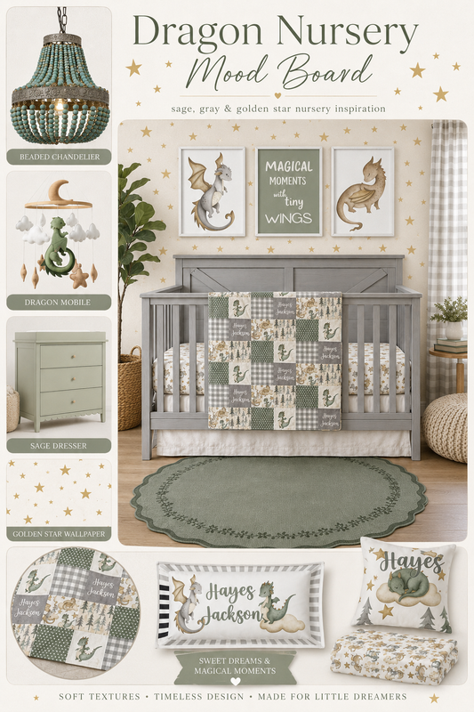 Dragon nursery mood board with sage green and gray crib bedding, gray crib, golden star wallpaper, sage dresser, scalloped green rug, dragon mobile, beaded chandelier, and whimsical nursery wall art.