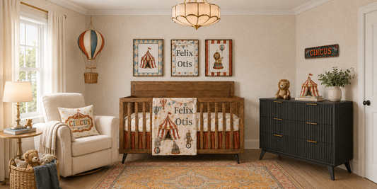 Vintage circus nursery product roundup with crib, rug, dresser, light fixture, wallpaper, wall art, curtains, and coordinating baby bedding accessories.