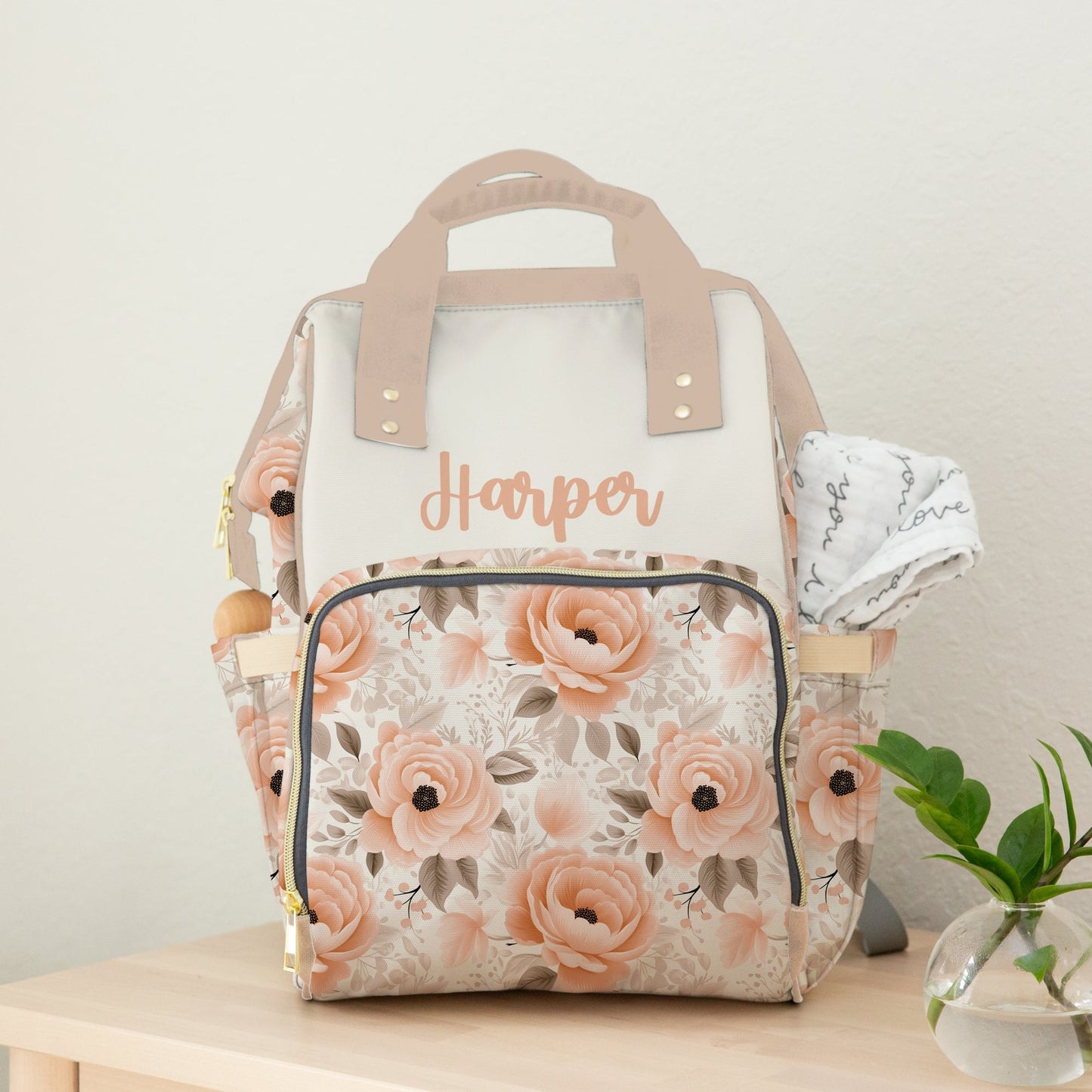 PERSONALIZED DIAPER BAG BACKPACK | PEACH AND TAUPE FLORAL