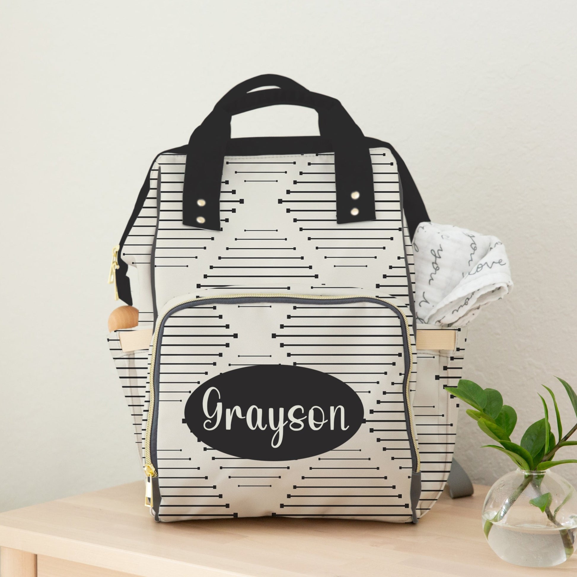 Geometric Personalized Cream and Grey Diaper Bag