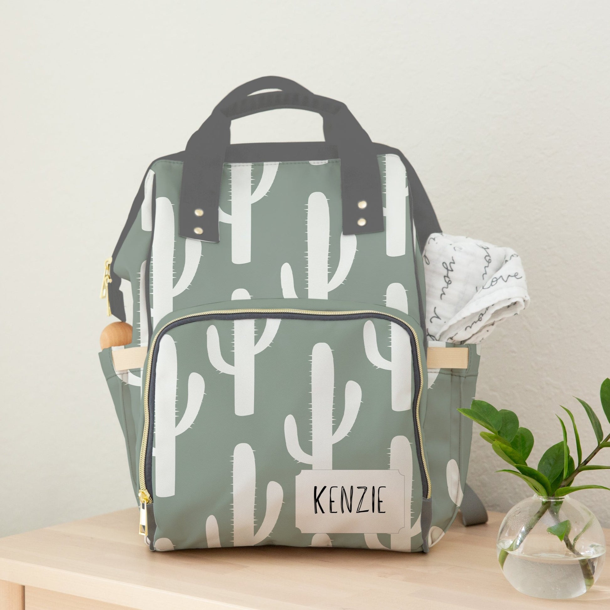 Sage Green Diaper Bag with Cactus and Personalization