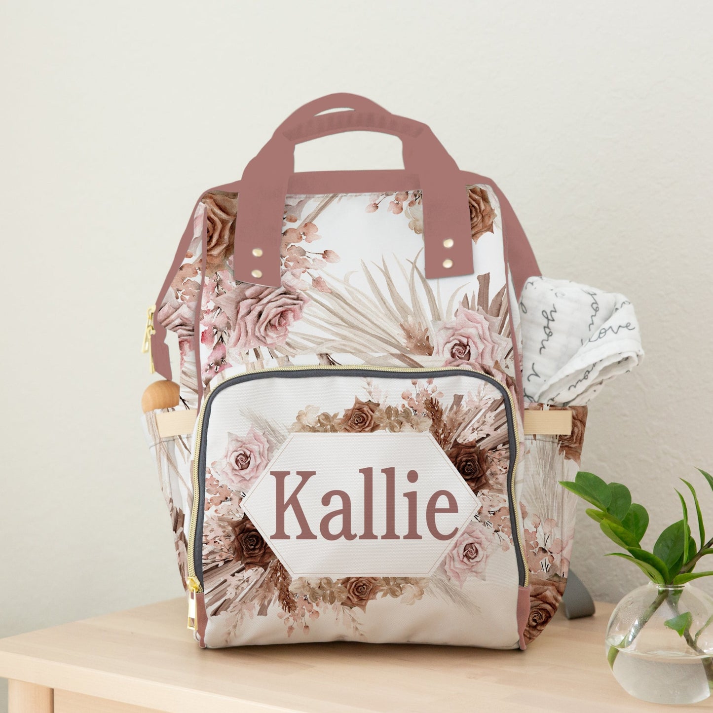 PERSONALIZED DIAPER BAG BACKPACK | BOHO FLORAL PINK AND BROWN