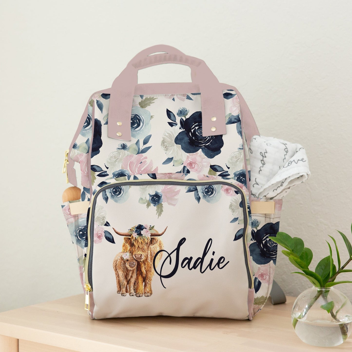 PERSONALIZED DIAPER BAG BACKPACK | HIGHLAND COW NAVY AND PINK FLORAL