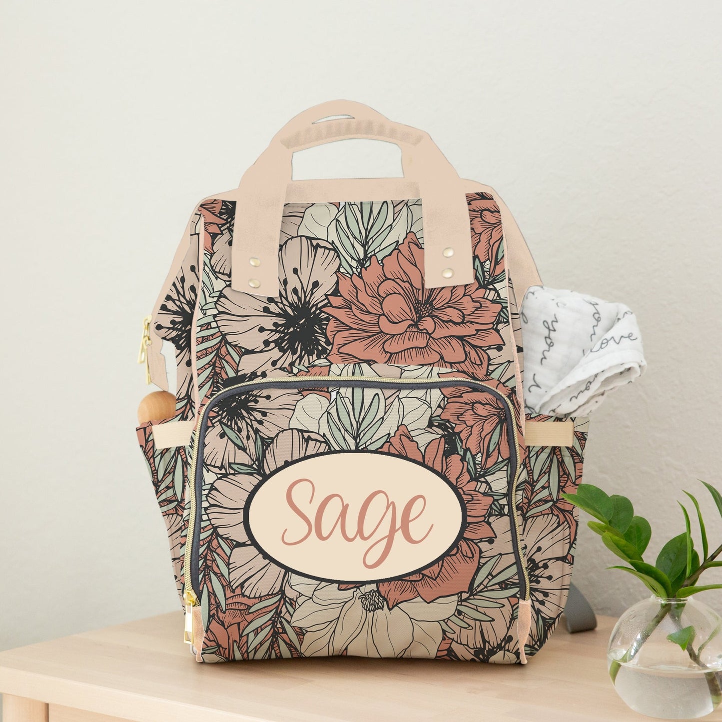 PERSONALIZED DIAPER BAG BACKPACK | PEACH AND CREAM FLORAL