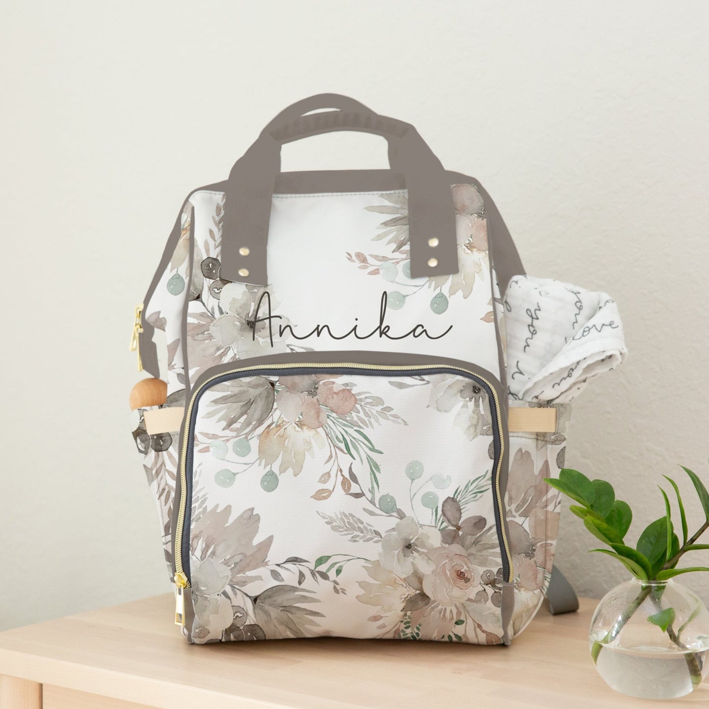 neutral floral baby girl diaper bag with personalization