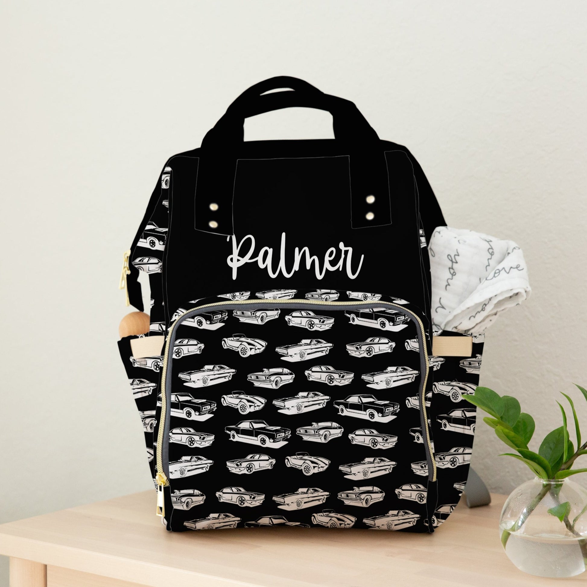 personalized diaper bag with muscle car pattern in black and white