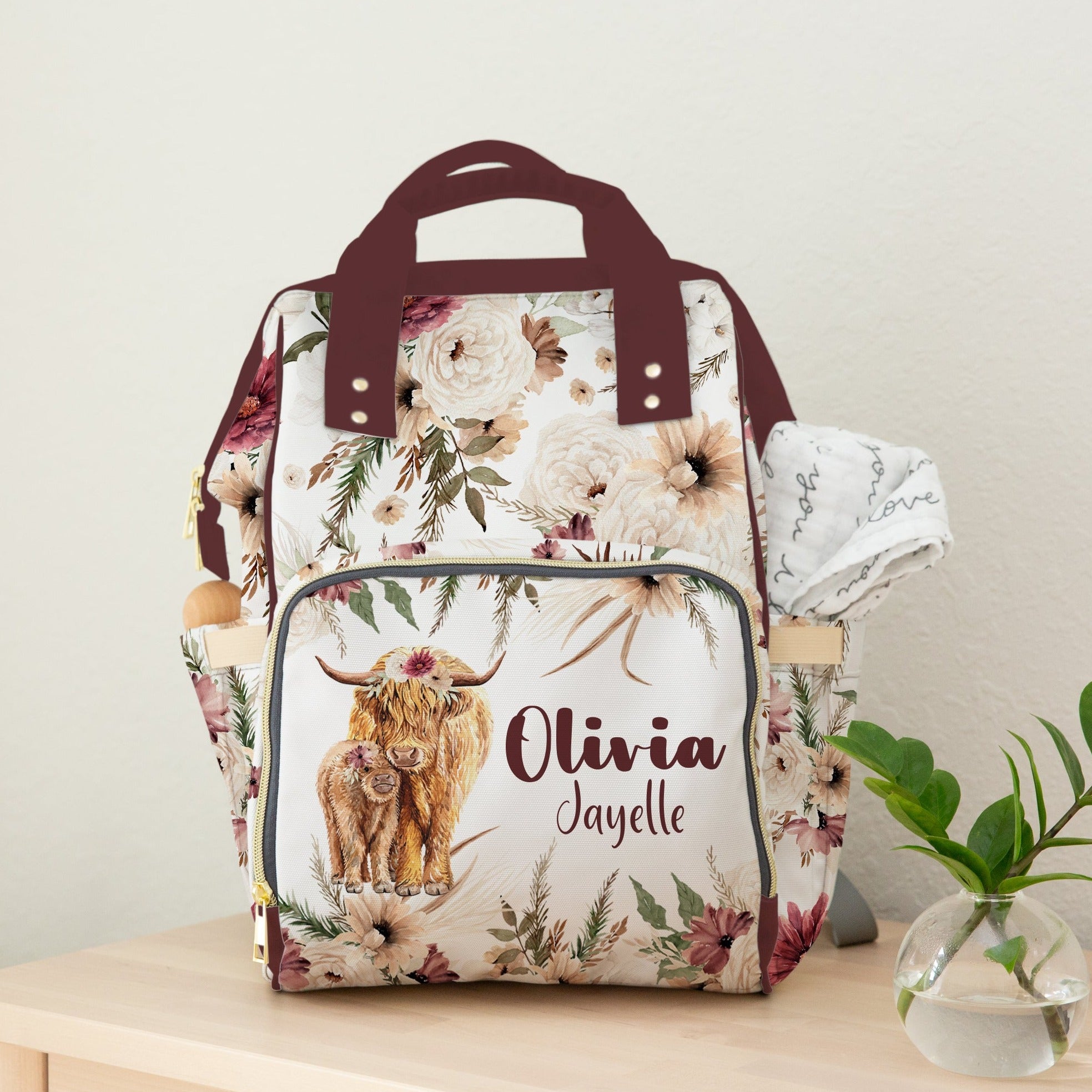 Boho Floral Personalized Diaper Bag with Highland Cow