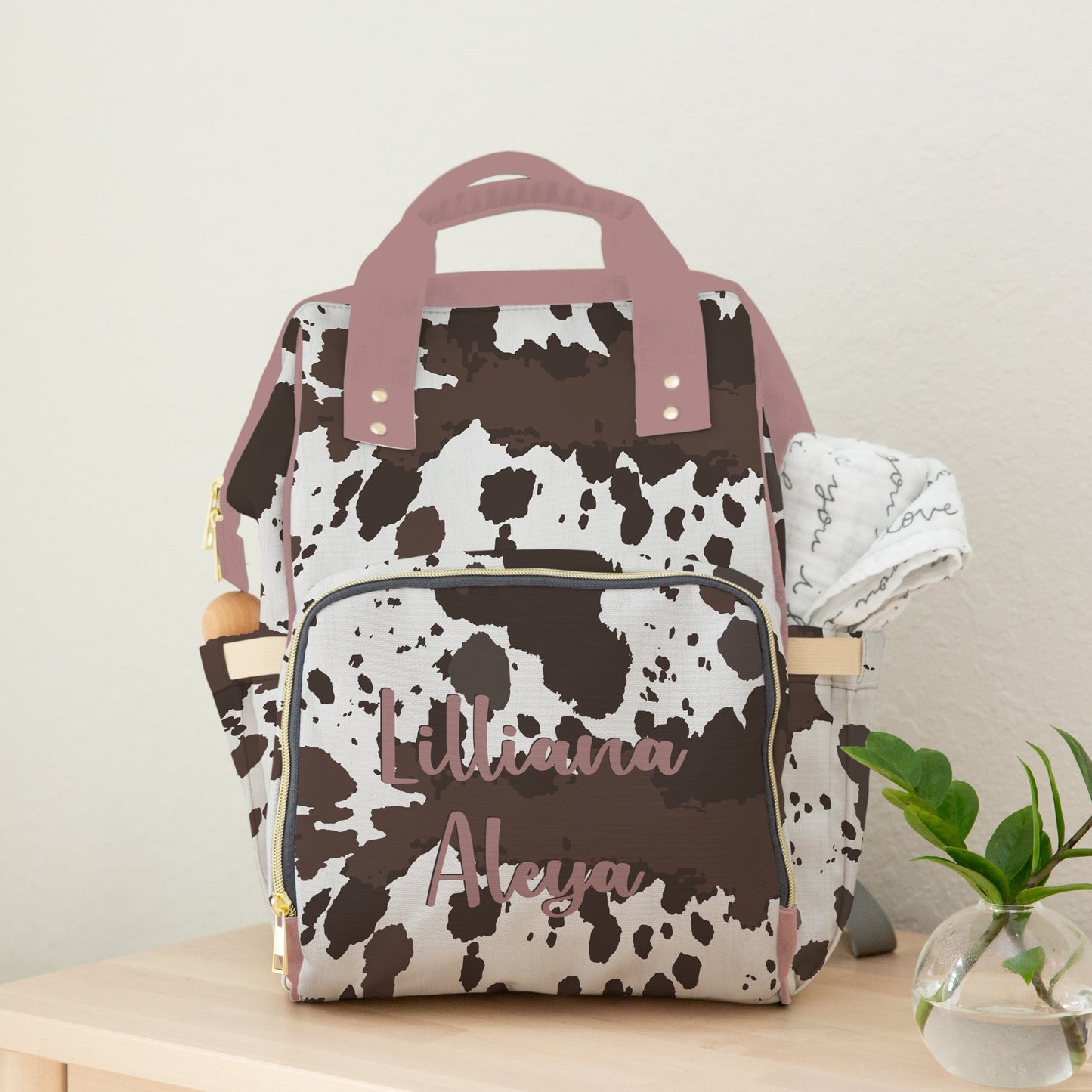 PERSONALIZED DIAPER BAG BACKPACK | BABY GIRL COWHIDE