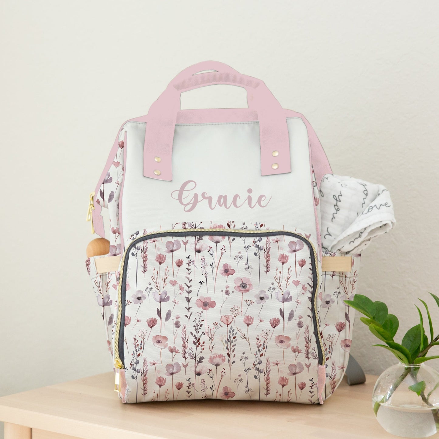 PERSONALIZED DIAPER BAG BACKPACK | PINK WILDFLOWER