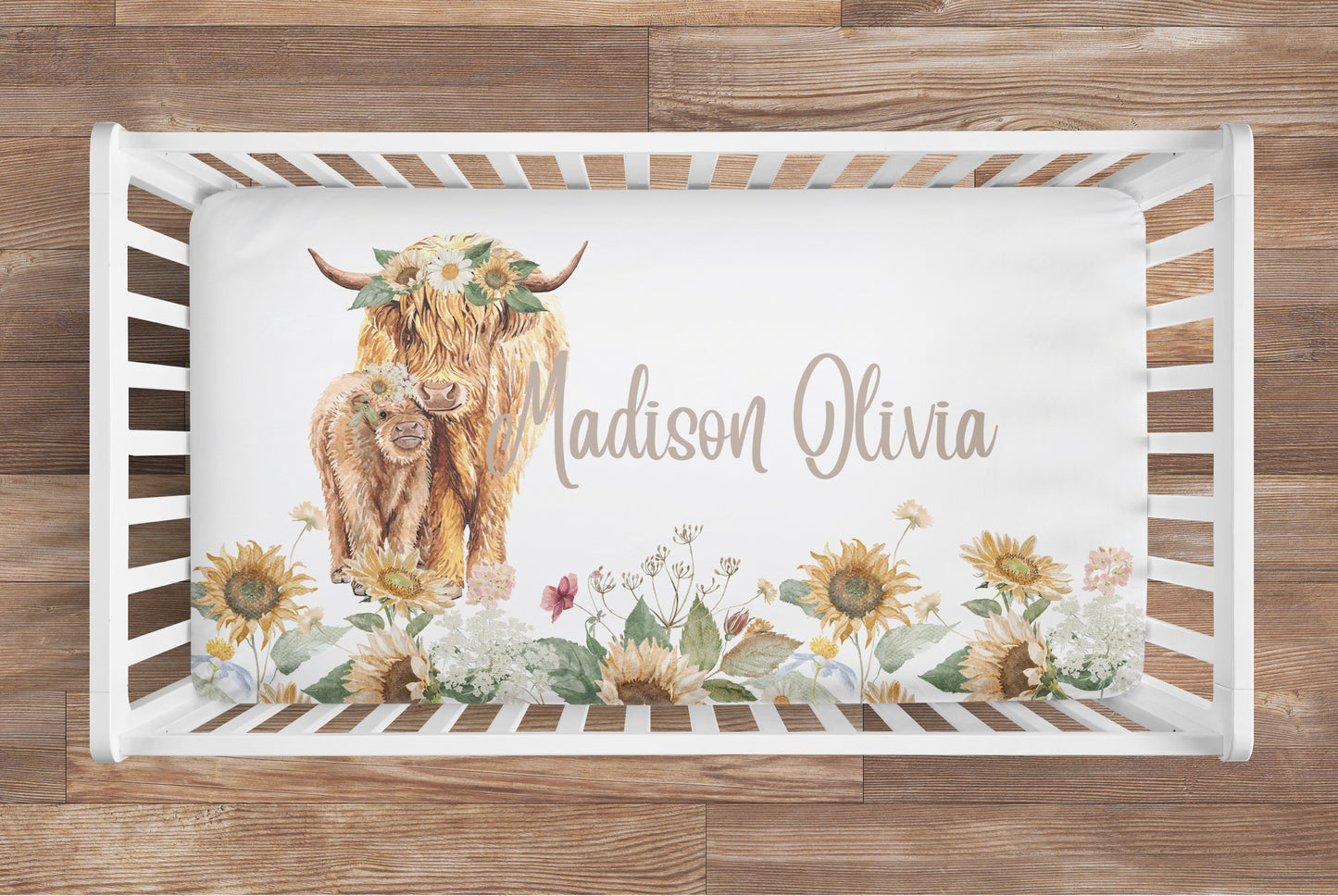 Sunflower Highland Cow Crib Bedding