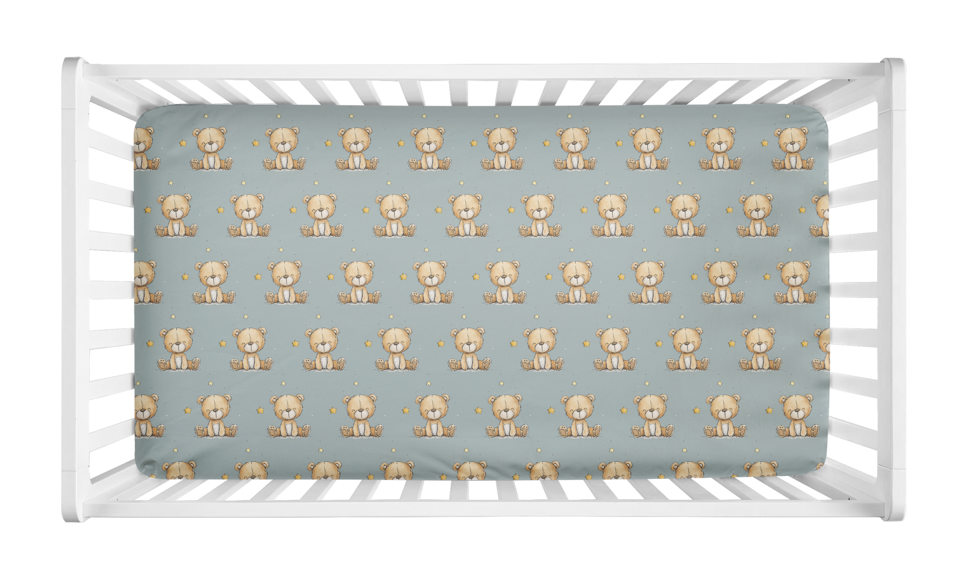 Sage green crib sheet with repeating teddy bear and star pattern in crib