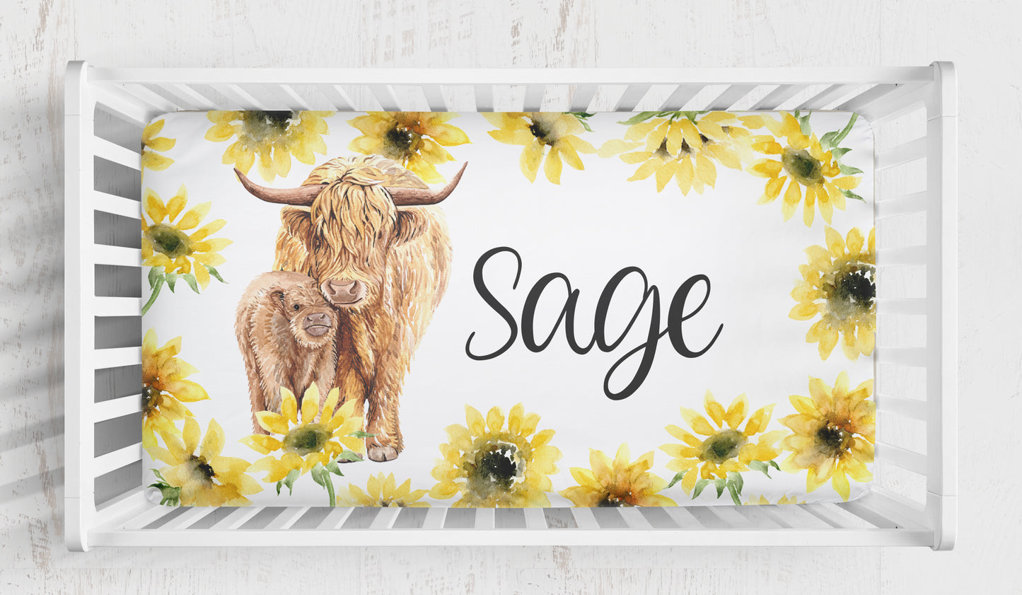 CRIB BEDDING I HIGHLAND COW BRIGHT SUNFLOWERS