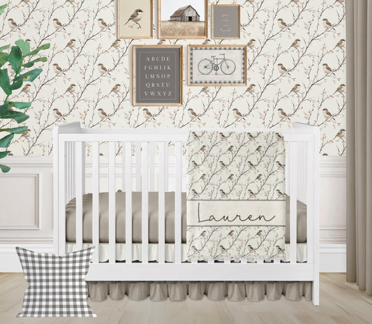 CRIB BEDDING - NEUTRAL GINGHAM BIRDS