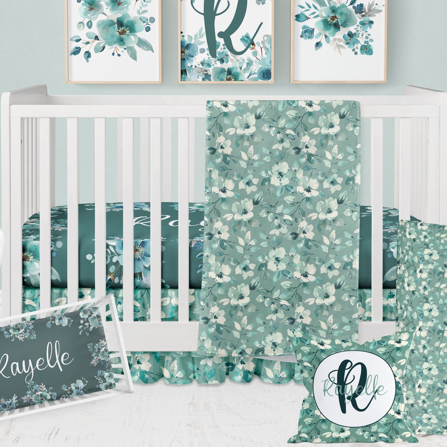 CRIB BEDDING I TEAL WATERCOLOR FLORAL