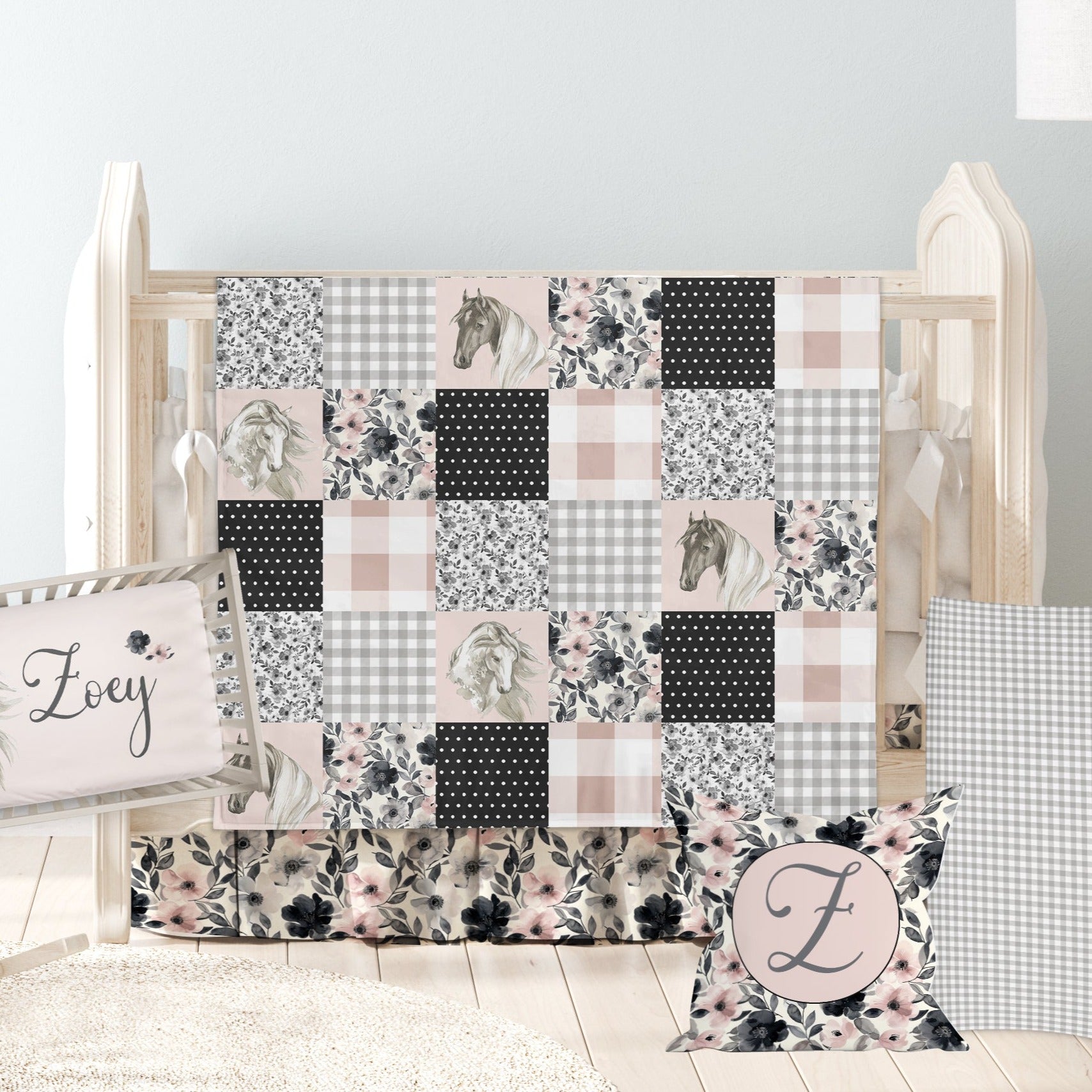 Baby Girl Horse Themed Crib Bedding with Black and Pink Floral accents