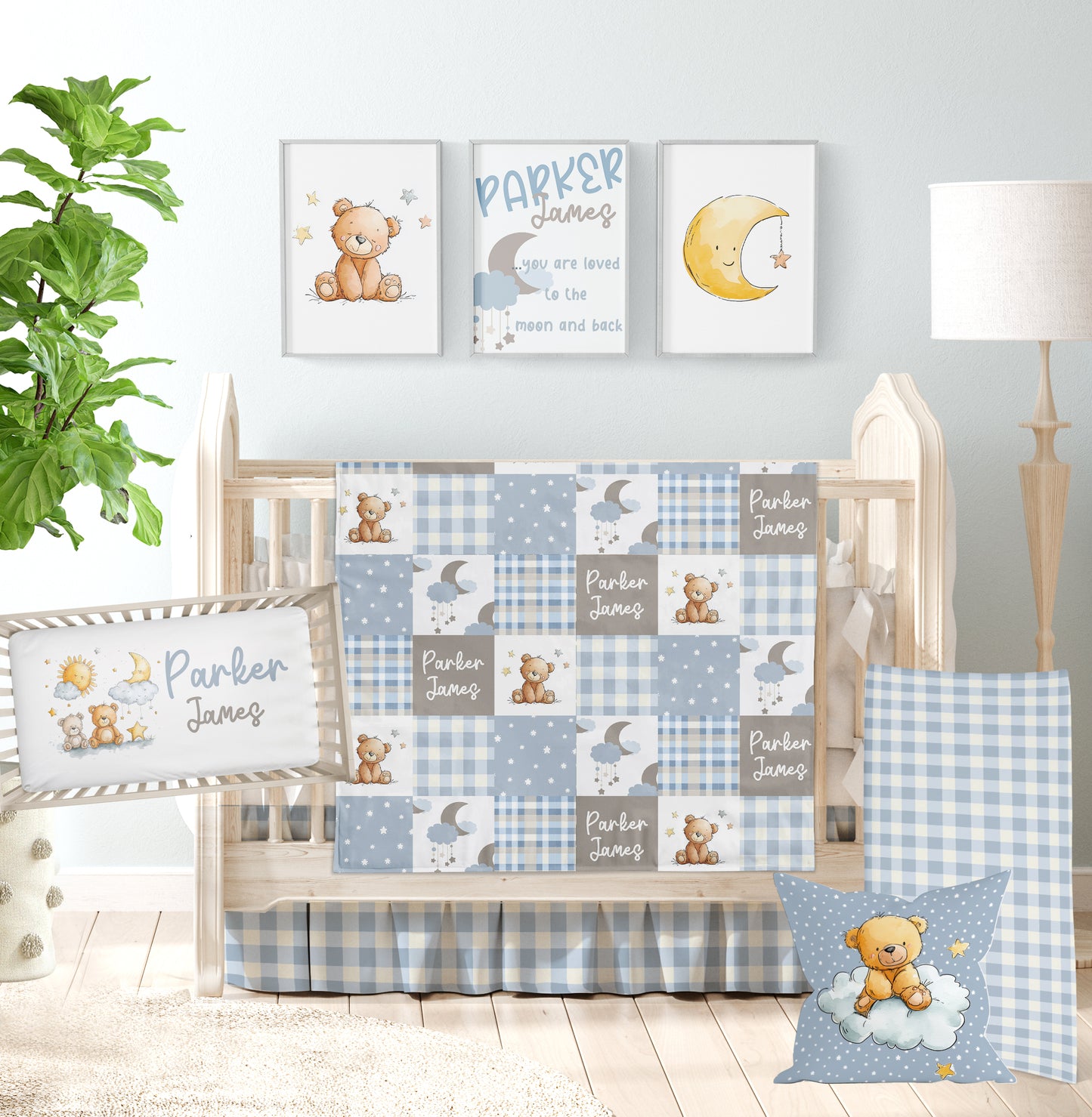 RESERVED - Custom Package - Patchwork Blanket, 2 x Crib Sheets, Crib Skirt, 2 x Changing Pad Covers, Pillow, 2 x Curtain Panels, 3 sided Rail Guard