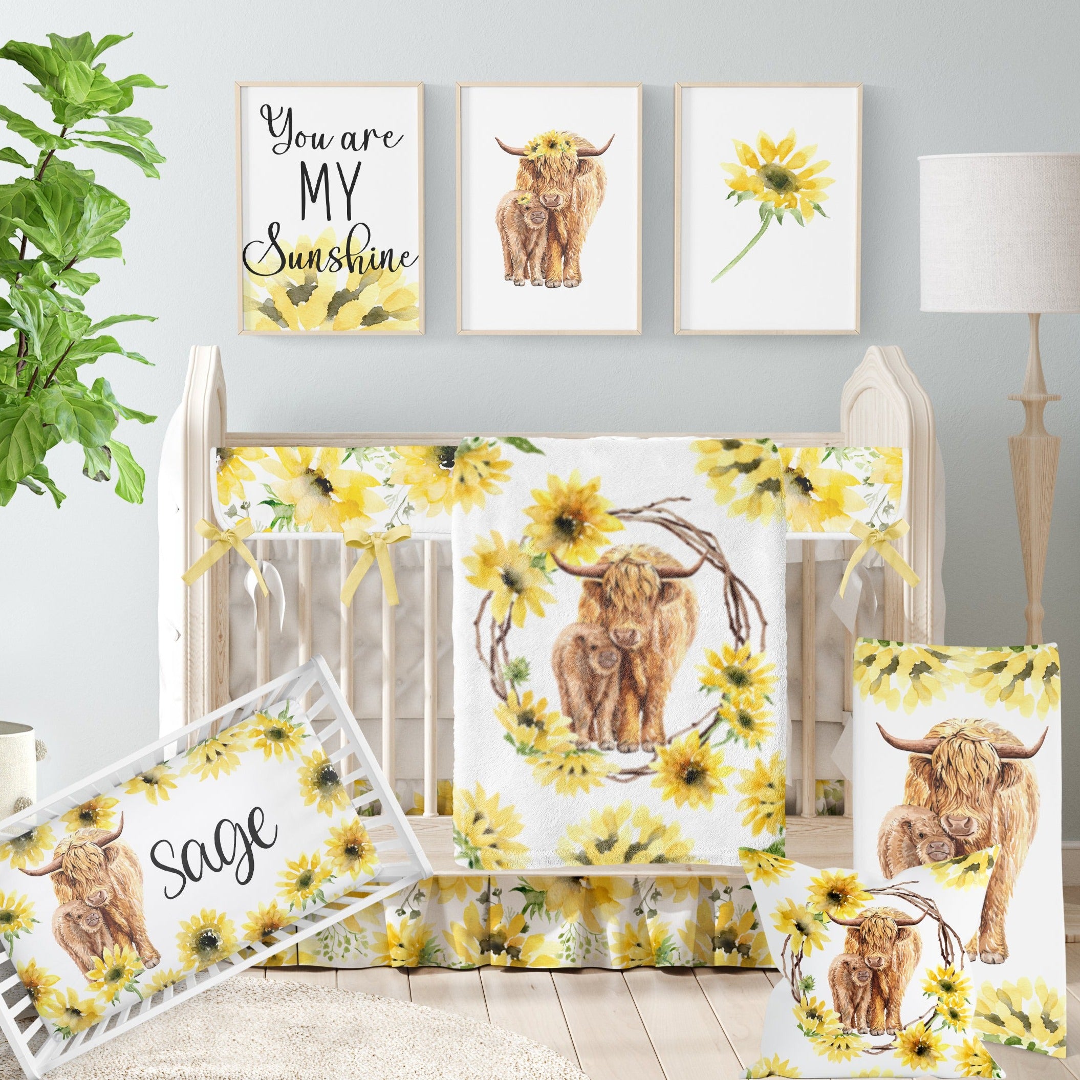 Sunflower with Highland Cow Farm Crib Bedding Set for Baby Girl