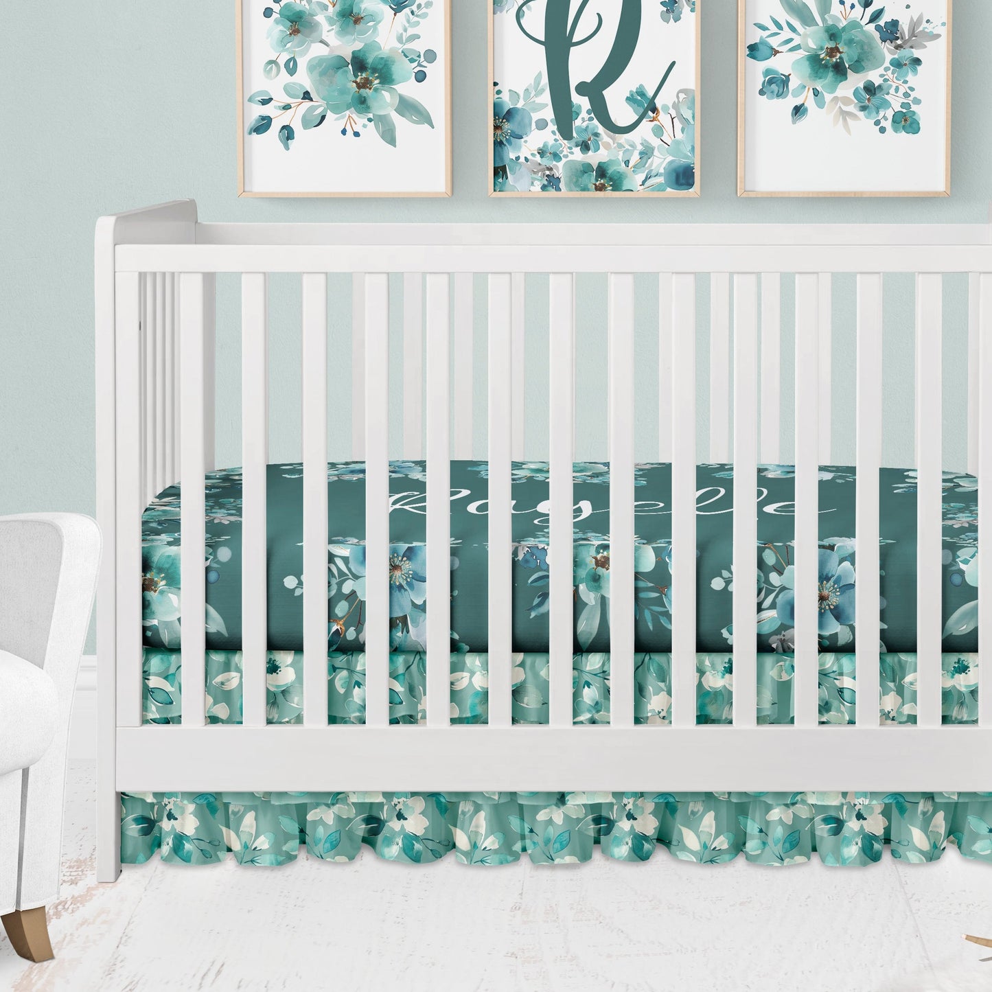 CRIB BEDDING I TEAL WATERCOLOR FLORAL