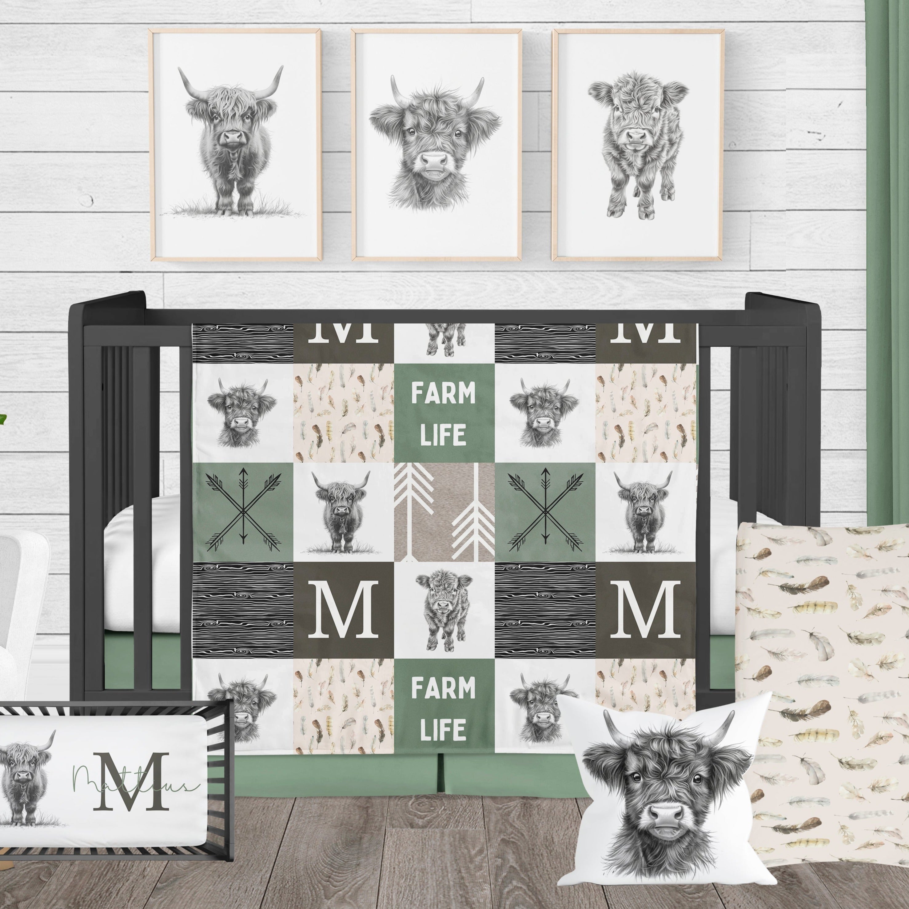 Farm Crib Bedding Set with Highland Cow in Sage Green and Brown