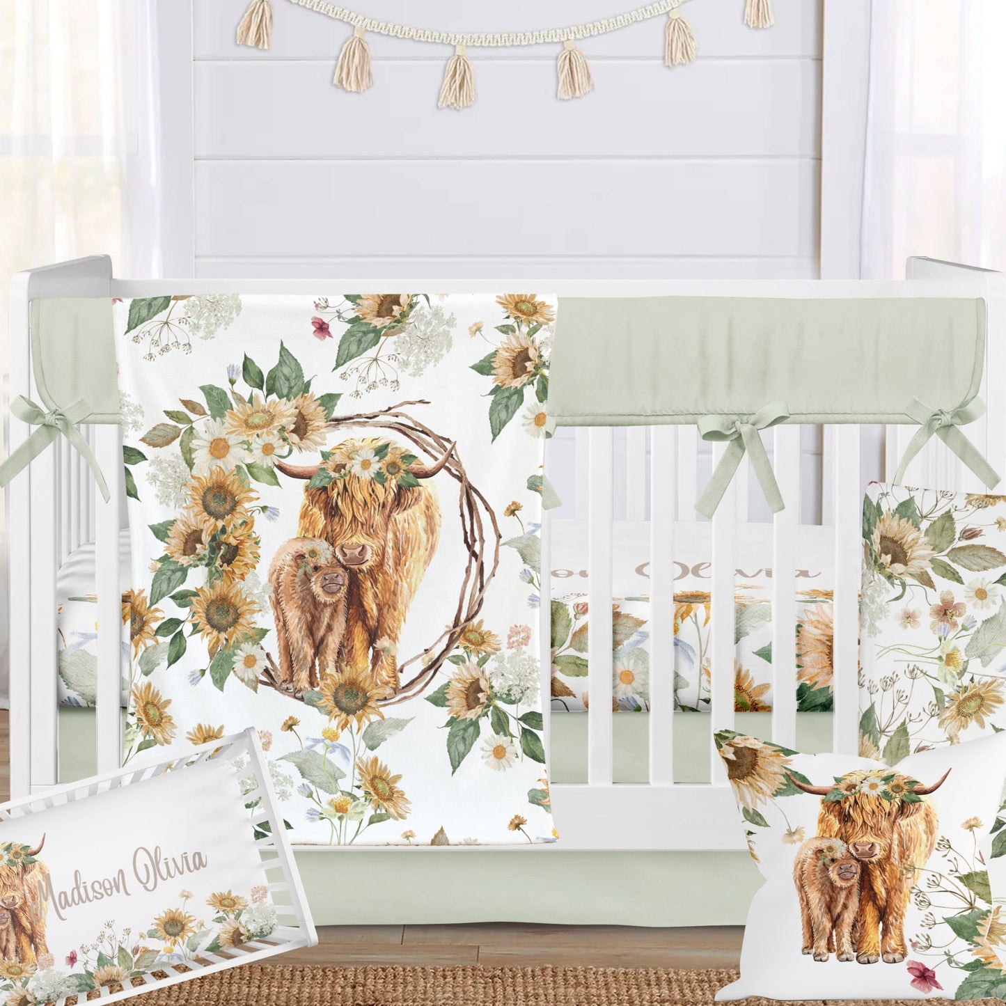 Sunflower Highland Cow Crib Bedding