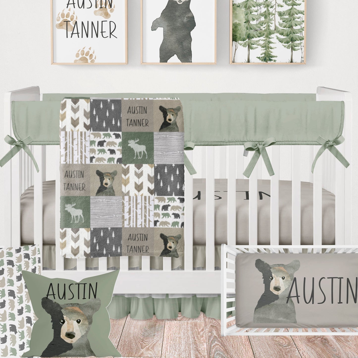 Sage Bear Woodland Crib Bedding