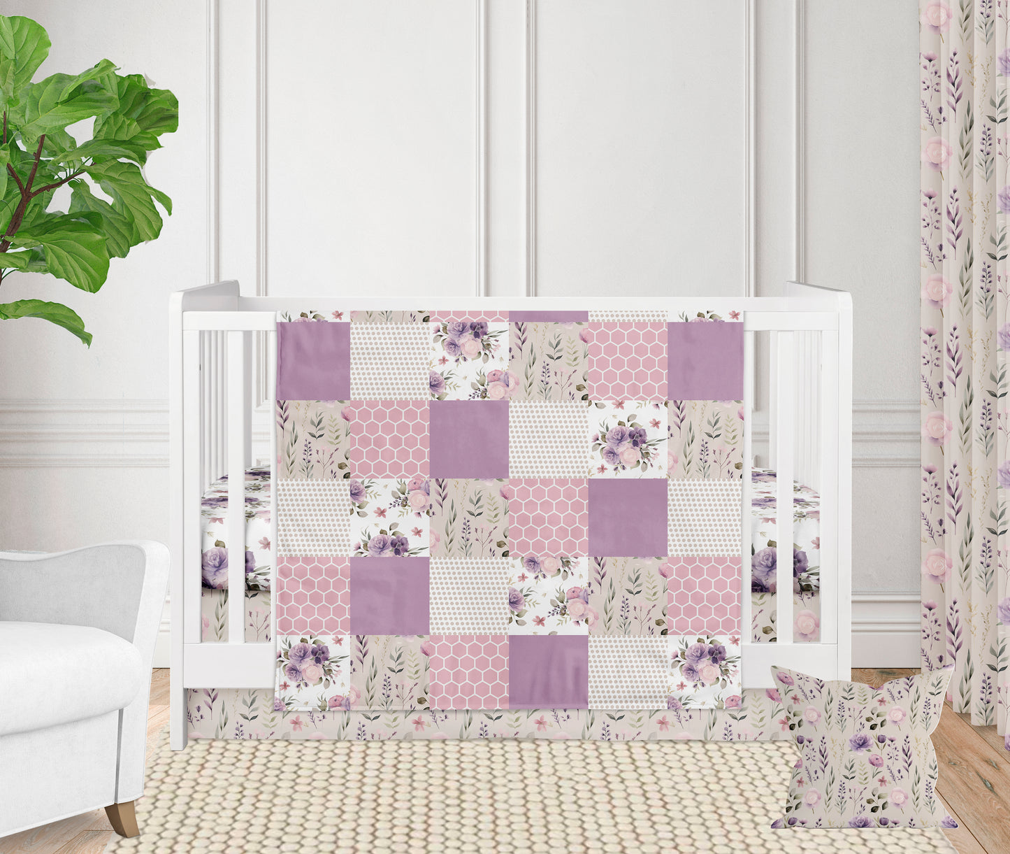 RESERVED - Custom Listing: Patchwork Blanket, Crib Sheet, Throw Pillow, 4 x Curtain Panels, Crib Skirt