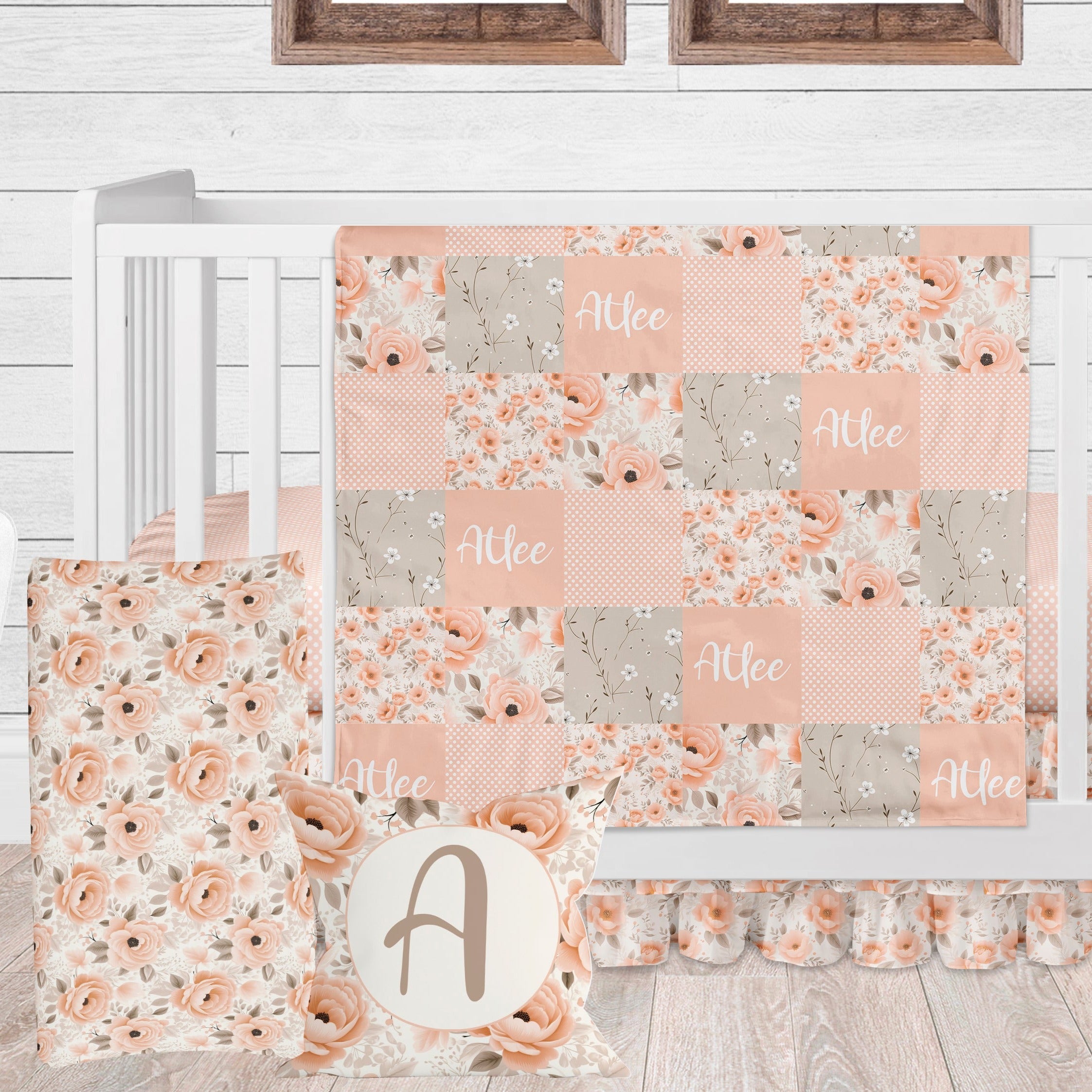 Peach Floral Crib Bedding Personalized Baby Girl Nursery